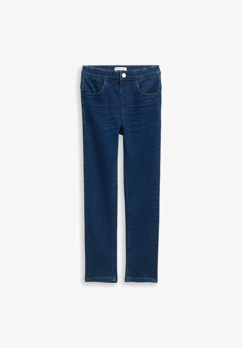 Donkerblauwe denim jeans met een getailleerd ontwerp, vijf zakken en een knoopsluiting aan de taille. Soepele textuur met contrasterende stiksels.