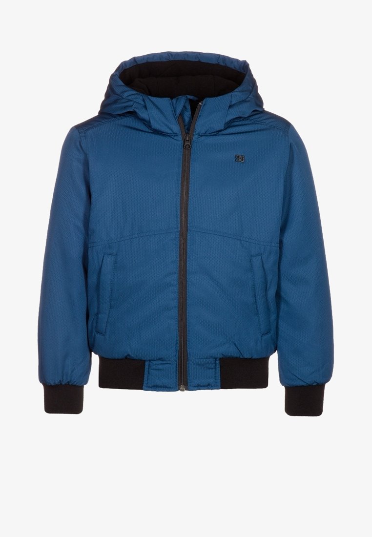 Blue padded jacket with a hood, textured fabric, front zipper, and black elastic cuffs. Features side pockets and a minimalist logo.