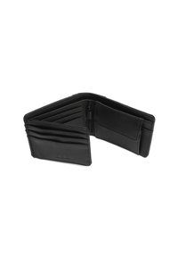 Portafoglio bifold in pelle nera aperto che mostra più scomparti per carte, un comparto con zip e una tasca per monete con pattina.