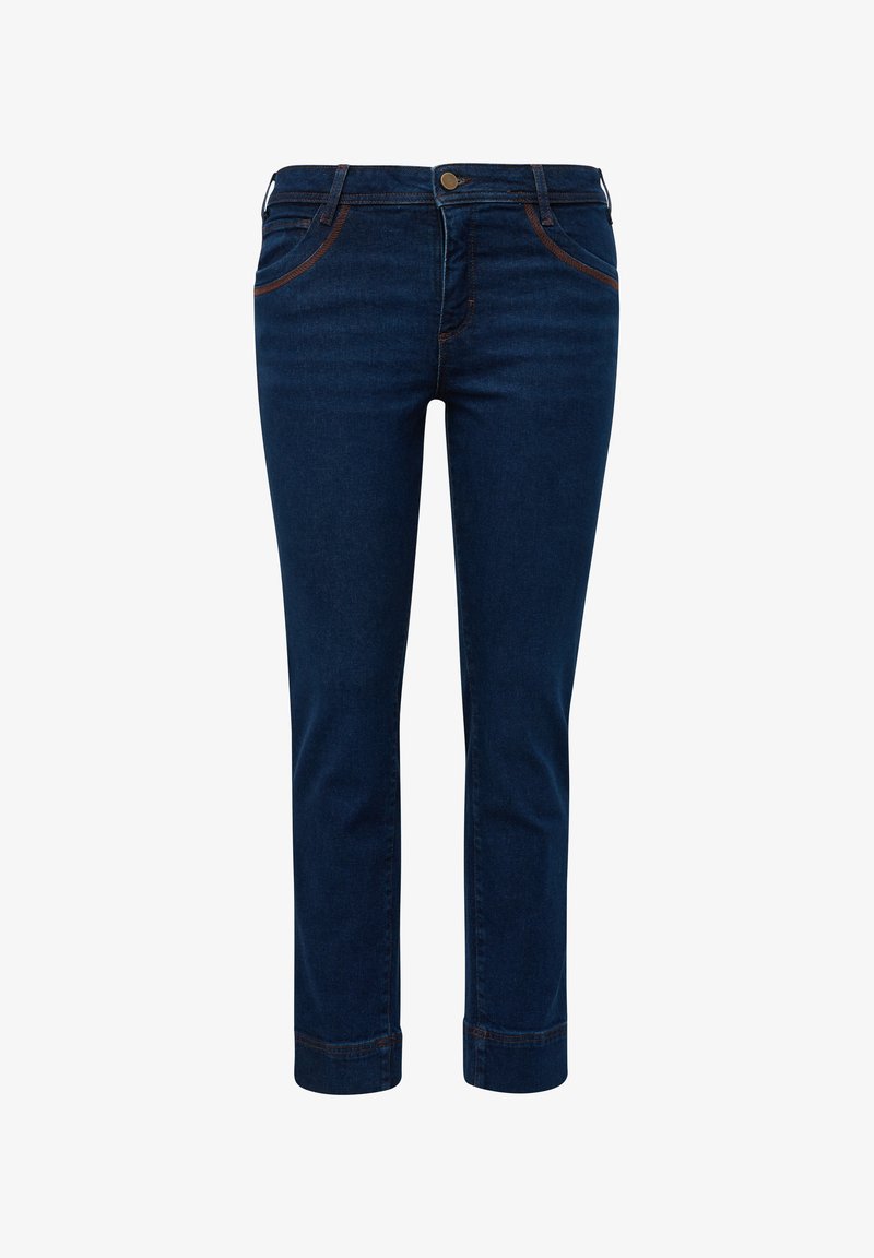 Jeans in denim blu scuro con vestibilità dritta, dotati di un classico design a cinque tasche e cuciture a contrasto. Si chiudono con risvolti sul fondo.