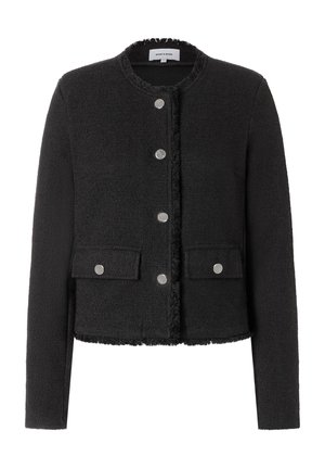 Schwarze strukturierte Jacke mit rundem Ausschnitt, fünf silbernen Knöpfen, Taschen vorne und fransigen Kanten. Aus weichem Stoff in einem verkürzten Design hergestellt.