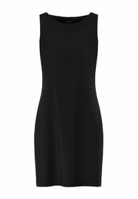 Czarna sukienka bez rękawów z okrągłym dekoltem, wykonana z gładkiego materiału. Dopasowany krój zwężający się do długości kolan, minimalistyczny design.