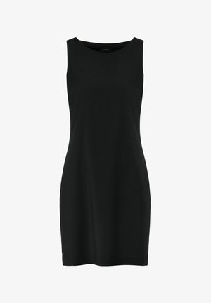 Czarna sukienka bez rękawów z okrągłym dekoltem, wykonana z gładkiego materiału. Dopasowany krój zwężający się do długości kolan, minimalistyczny design.