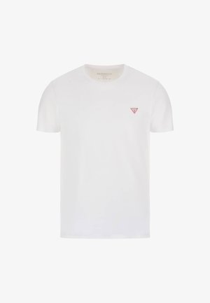 White cotton t-shirt with short sleeves, featuring a small red triangular logo on the left chest area. Smooth texture, classic fit.