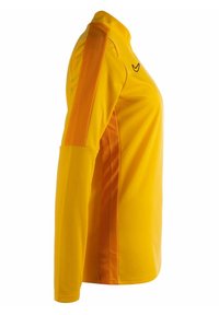 Langdurige sportieve shirt met lange mouwen in felgeel met oranje zijpanelen. Heeft een hoge kraag en een logo op de borst in het zwart. Gladde textuur.