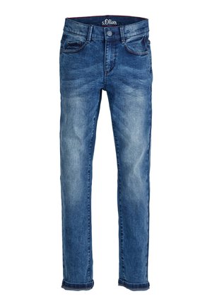 Jean en denim bleu avec une coupe droite, texture délavée, style cinq poches et braguette à boutons. Étiquette logo sur la taille.