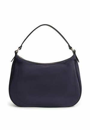 Sac à main rectangulaire bleu marine avec bords arrondis, une sangle noire unique et une fermeture éclair sur le dessus.