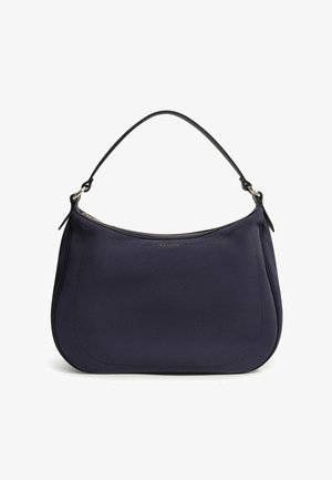 Sac à main rectangulaire bleu marine avec bords arrondis, une sangle noire unique et une fermeture éclair sur le dessus.