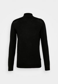 Pull noir à col roulé à manches longues avec un col, des poignets et un ourlet côtelés, présenté sur un fond clair uni.