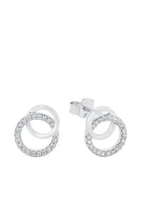 Söljtonade örhängen med två sammanflätade cirkulära mönster. En cirkel prydd med små klara stenar och med strukturerad yta.