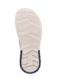 Sohle aus beigem Gummi mit strukturierten Oberflächen. Verfügt über ein geometrisches Profilmuster für besseren Halt, mit einer dunkelblauen Umrandung.
