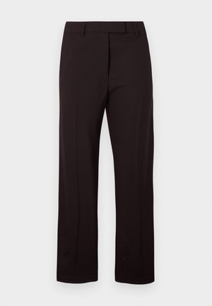Black, tailored trousers with a straight-leg design, featuring a flat front and belt loops. Made from a smooth, light fabric.