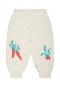 Crèmekleurige gebreide broek met wortelmotieven in rood en teal, voorzien van geribbelde boorden en tailleband voor comfort en pasvorm.