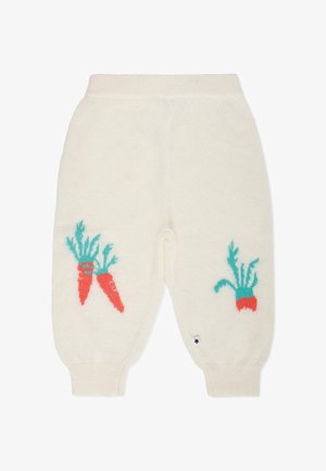 Crèmekleurige gebreide broek met wortelmotieven in rood en teal, voorzien van geribbelde boorden en tailleband voor comfort en pasvorm.