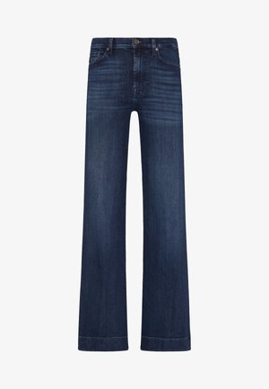 Jeans in denim blu scuro a gamba larga con vita media, dotati di chiusura con bottone, cinque tasche e leggera scoloritura.
