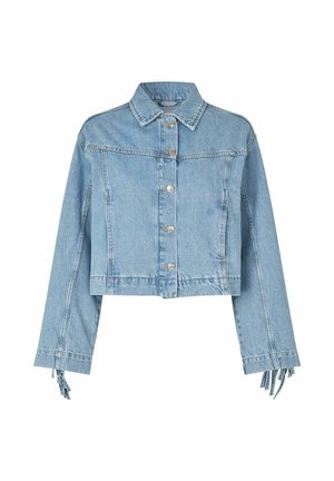 Himmelblaues, kurzes Denim-Jackett mit Kragen, vorderer Knopfverschluss und Fransen-Details an den Ärmelabschlüssen.