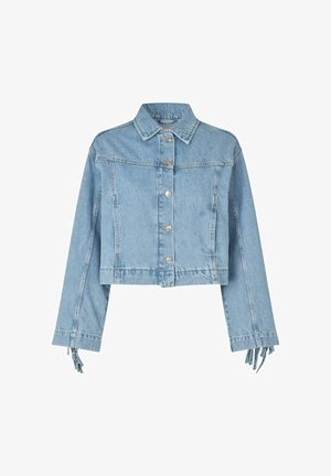 Svetlomodrá skrátená denimová bunda s golierom, predným zapínaním na gombíky a strapcami na manžetách rukávov.