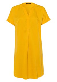 Gelbes Kleid aus weichem Stoff, mit V-Ausschnitt, kurzen Ärmeln, lockerer Passform und einem dezenten Mittelzug für zusätzlichen Detail.
