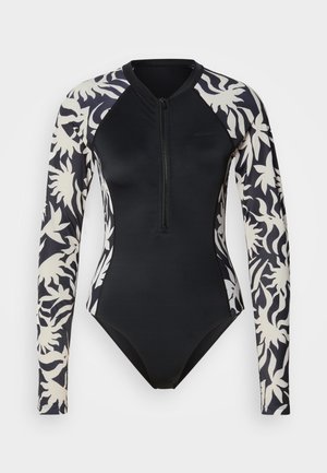 Μαύρο μαγιό με μακριά μανίκια και λευκά λουλουδάτα σχέδια στα μανίκια και τις πλευρές, με φερμουάρ μπροστά από το λαιμό μέχρι το μέσο του στήθους.