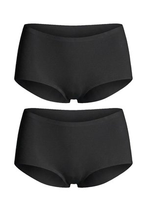 Zwei schwarze nahtlose Damen-Hipster-Slips vertikal auf weißem Hintergrund gestapelt.