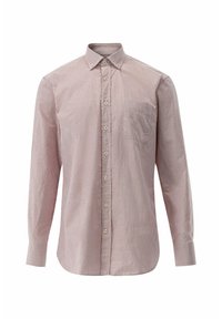 Camicia a maniche lunghe con colletto alla francese, con un motivo a righe rosse e bianche, taschino frontale e design classico.