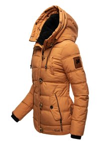 Orange puffer jacket with a black fleece-lined hood, quilted design, button closures, and brown accent details. Features side pockets.