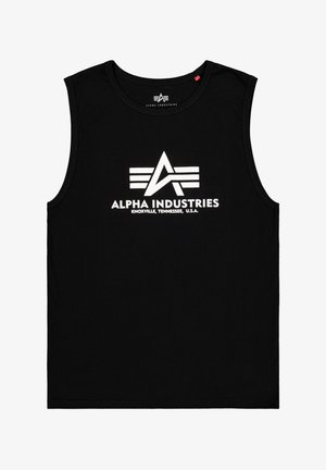 Chemise sans manches noire avec le logo blanc d'Alpha Industries et le texte "Knoxville, Tennessee, U.S.A." centré sur le devant.