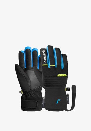 Sort og blå vinterhandsker med R-TEX XT materiale, struktureret greb på håndfladen, elastisk manchette og justerbar rem for en sikker pasform.