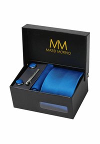 Ensemble de cravate bleue comprenant une cravate bleue unie, deux boutons de manchette assortis et un clip de cravate, joliment emballé dans une boîte noire avec un logo doré.