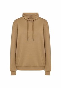 Beżowy sweter z wysokim kołnierzem, sznurkiem ściągającym i długimi rękawami. Posiada miękką teksturę i luźny krój, idealny na co dzień.