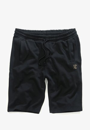 Pantalones cortos de algodón negros con una cintura con cordón, dos bolsillos laterales y un pequeño logo dorado en el muslo izquierdo.