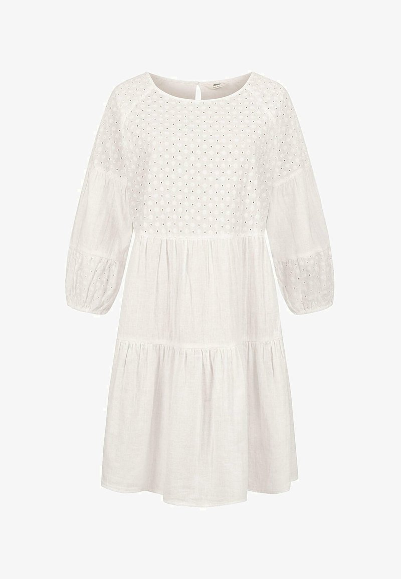 Valge linane kleit ümmarguse kaeluse, kolmeveerandi puffvarrukate, kogunenud vöökoha ja silmadega mustriga ülaosas. Selja avause detail.