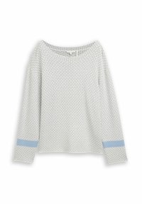 Haut à manches longues gris clair avec un motif texturé et une bande d'accent bleu au niveau des poignets. Encolure large et coupe décontractée.