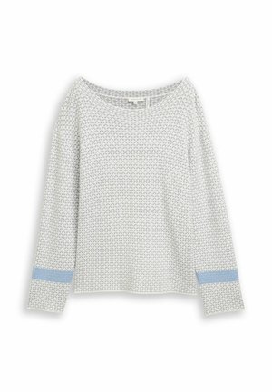 Lichtgrijze langmouwtop met een gestructureerd patroon en een blauw accentstripe aan de manchetten. Brede halslijn en een relaxte pasvorm.