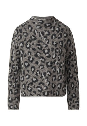 Grijze gebreide trui met een zwart-wit luipaardprint, lange mouwen en een ronde halslijn.