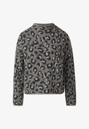 Grijze gebreide trui met een zwart-wit luipaardprint, lange mouwen en een ronde halslijn.