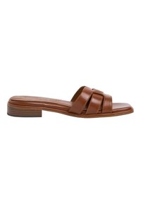 Sandal in pelle marrone con tacco basso impilato, ampietratti incrociati, punta aperta e soletta imbottita.
