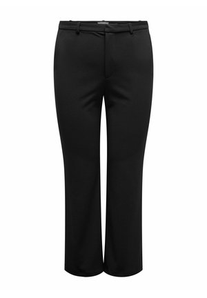 Pantaloni neri con un design a gamba dritta, passanti per la cintura e un tessuto liscio e strutturato. Presenta un taglio classico senza tasche.