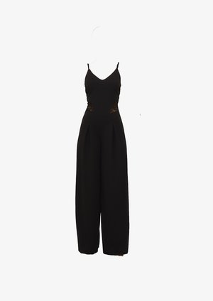 Black jumpsuit with a V-neck, thin spaghetti straps, and lace side panels. Features wide, pleated legs and a smooth texture.