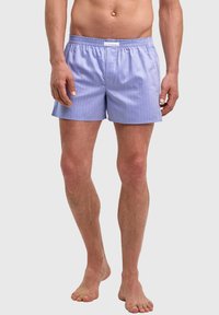 Boxer bleu à rayures en tissu avec ceinture élastique, doté d'une poche avant unique et d'une coupe droite.