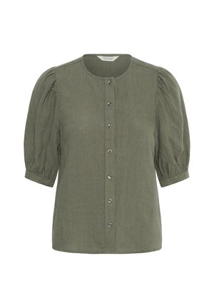 Olīvzaļš blūzes tops ar apaļu kakla izgriezumu, pogām priekšpusē, uzpūstām īsām piedurknēm un savāktām aprocēm.
