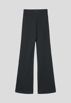 Schwarze, weit geschnittene Hosen aus weichem Stoff mit elastischem Bund. Verfügen über eine glatte Textur und ein minimalistisches Design ohne Muster oder Verzierungen.