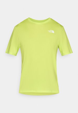 T-shirt à manches courtes jaune néon éclatant en tissu léger. Présente un col rond et un petit logo blanc sur la poitrine gauche.