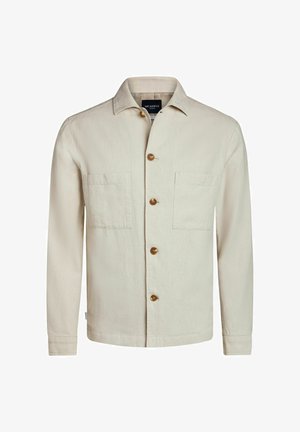 Veste beige en tissu texturé, avec un col, des boutons à l'avant et deux poches poitrine. Design simple avec des accents minimes.