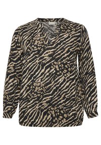 Blusa a maniche lunghe nera con stampa animale beige. Design a scollo a V e polsini elastici. Tessuto morbido con una trama testurizzata.
