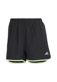 Pantalones cortos deportivos negros con una cinturilla elástica, con detalles verdes, un logo gris en el lado inferior y un diseño de tela ligera.