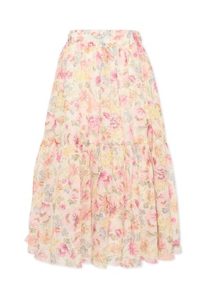 Gonna midi fluida a strati con motivo floreale in tonalità pastello rosa, viola e giallo su uno sfondo beige chiaro.