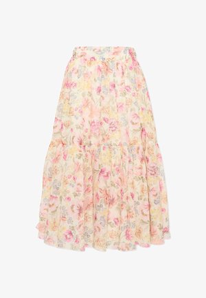 Luchtige, gelaagde midi-rok met een pastelroze, paarse en gele bloemmotief op een lichtbeige achtergrond.