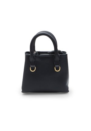 Borsa a tracolla in pelle nera con due manici arrotondati e dettagli in un anello dorato su sfondo bianco.