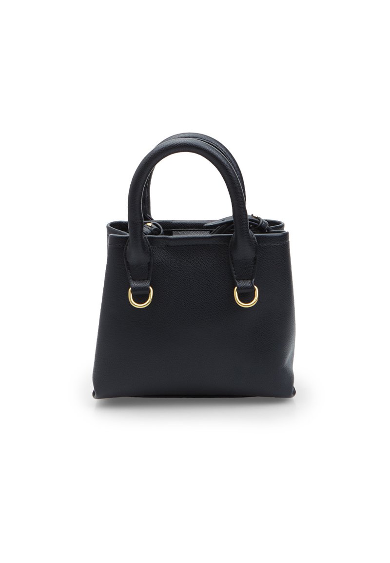 Borsa a tracolla in pelle nera con due manici arrotondati e dettagli in un anello dorato su sfondo bianco.
